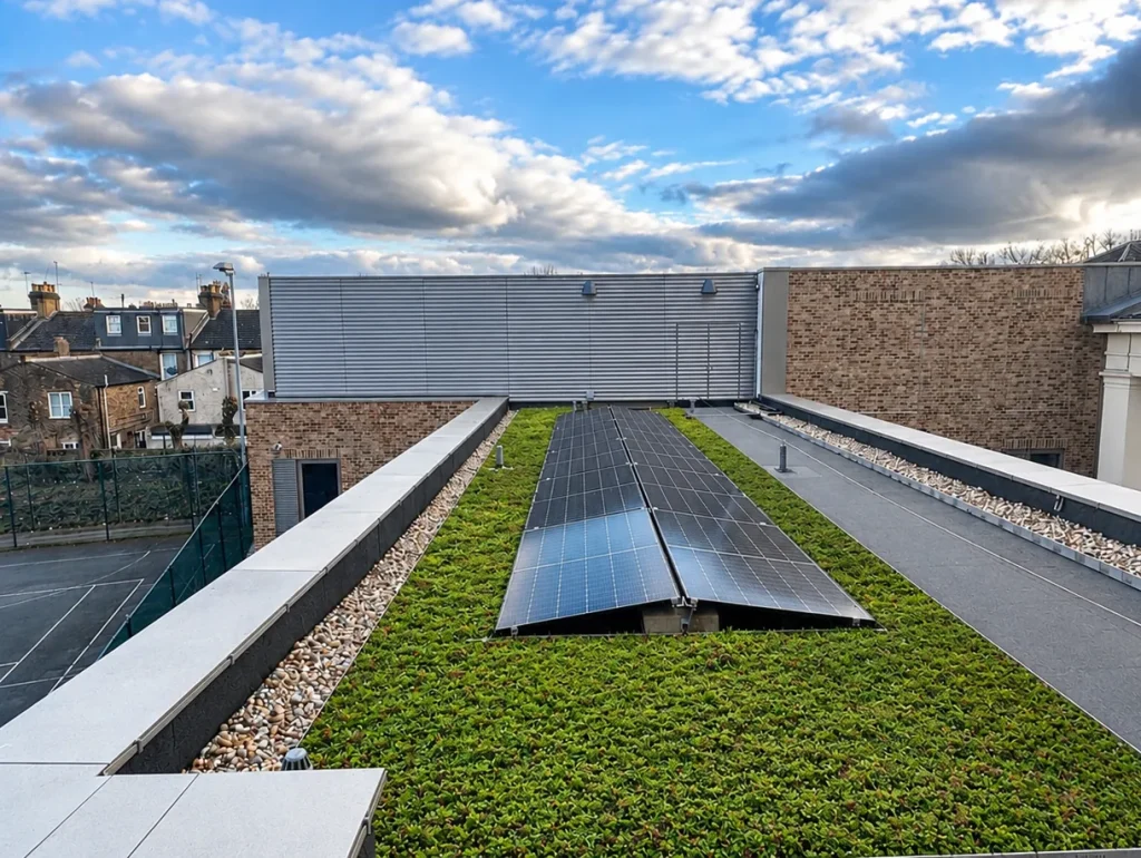 Green sedum roof with solar panels installed by Astral Roofing