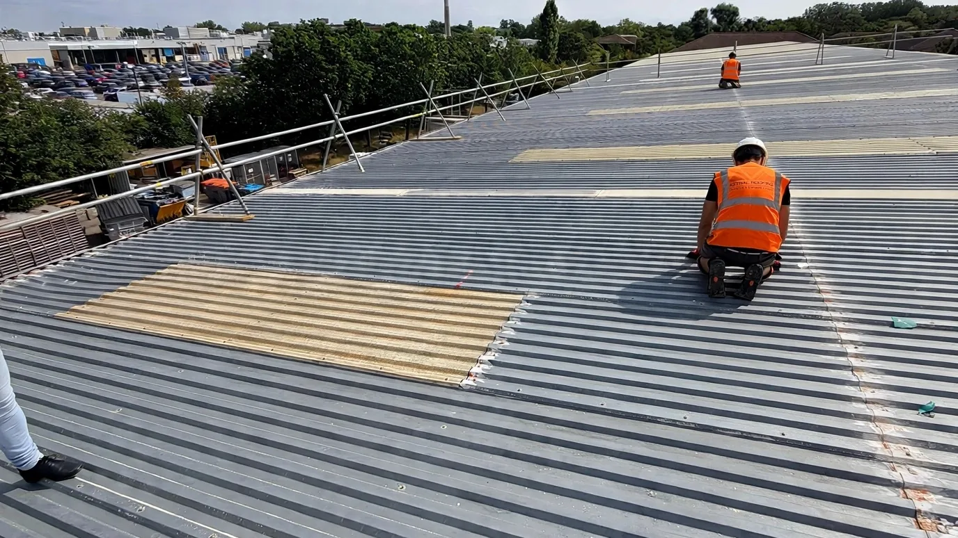 Astral Roofing team installing a new commercial metal roof on an industrial building in London and the South East